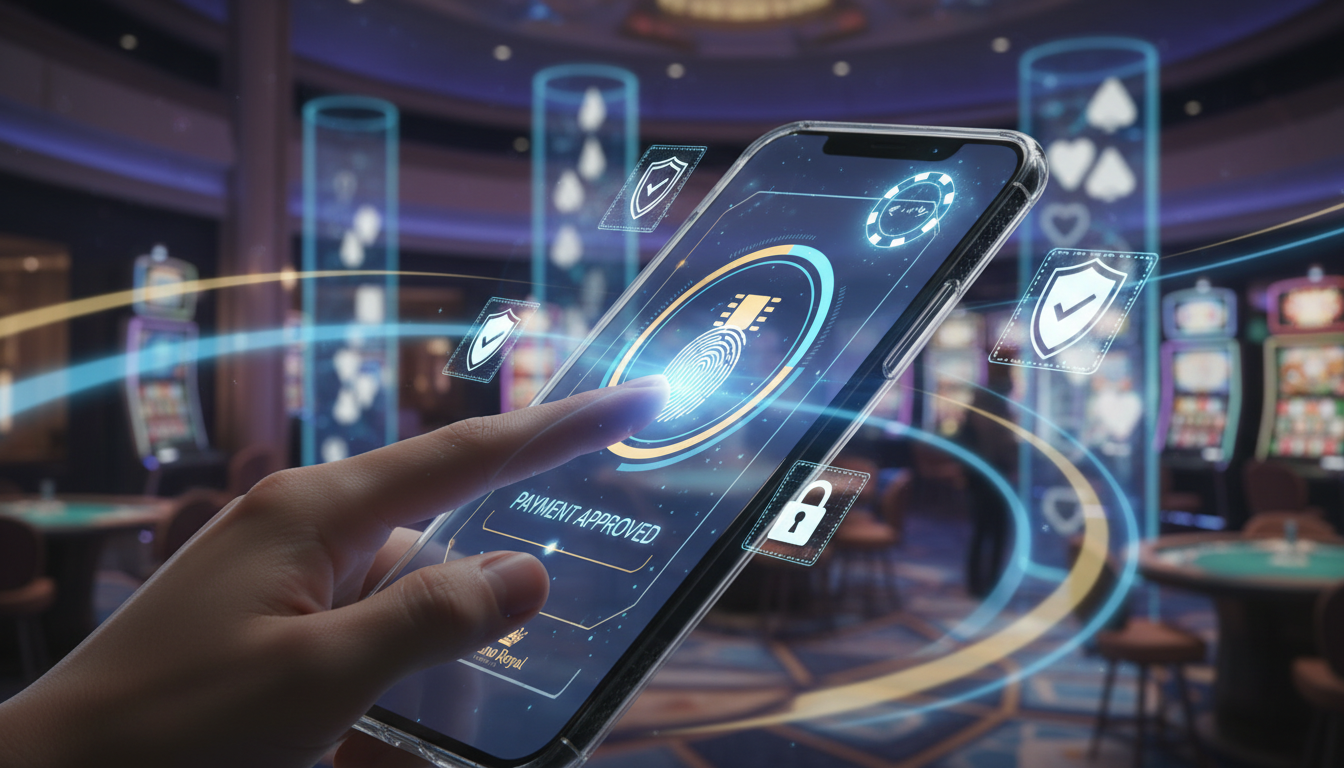 Gracz autoryzujący płatność kciukiem na ekranie smartfona