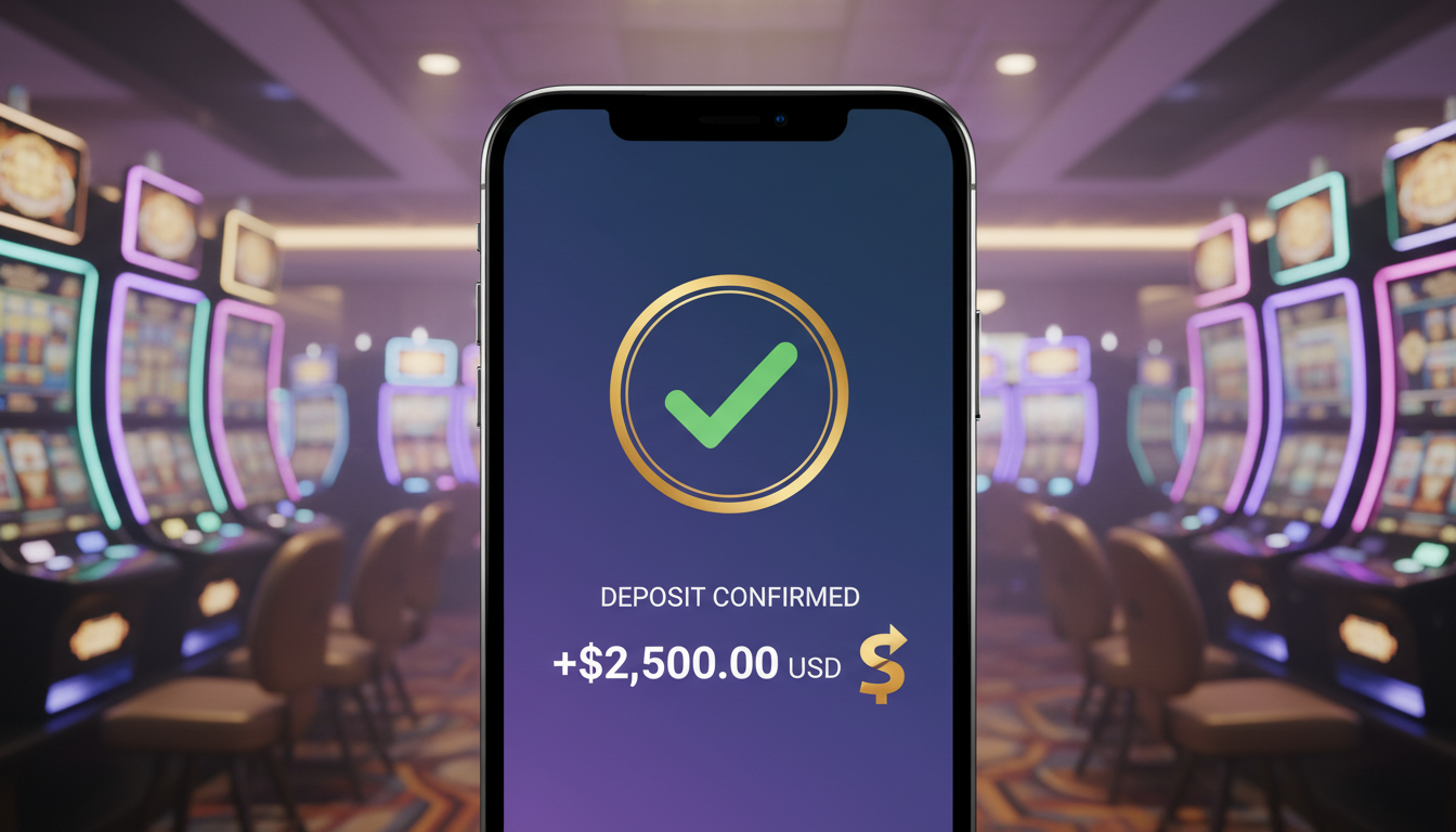 Nowoczesny smartfon z otwartą aplikacją bankową na tle świateł kasyna