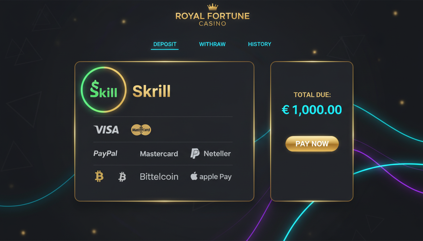 Dashboard kasyna z widoczną metodą płatności Skrill