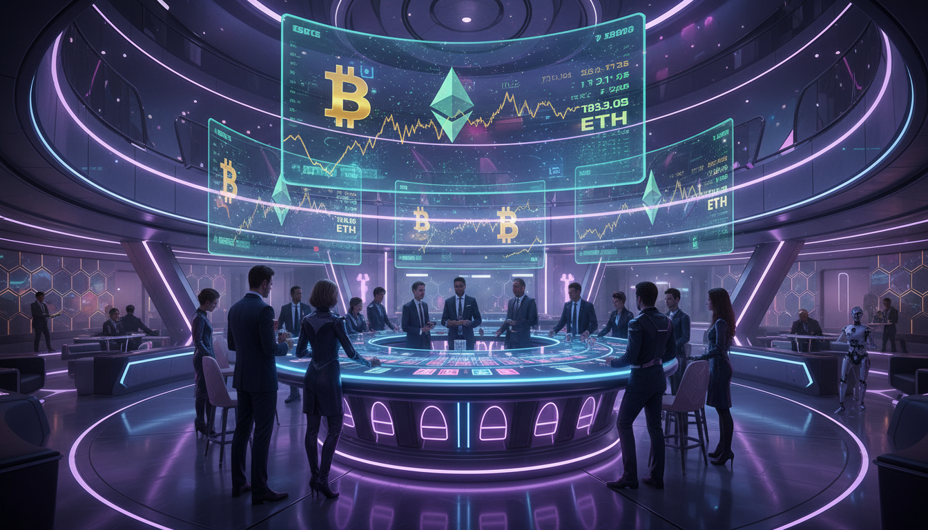 Futurystyczna sala kasyna z elementami blockchain