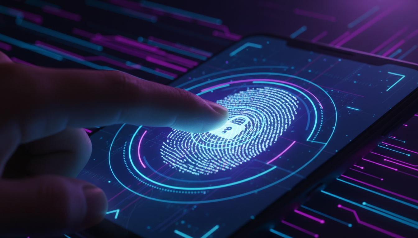 Detailed view of a biometric fingerprint scan on a smartphone screen with financial data in background