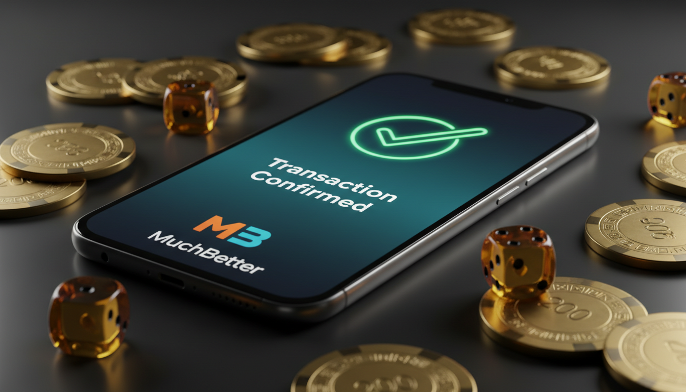 Smartphone displaying MuchBetter transaction success with casino chips nearby