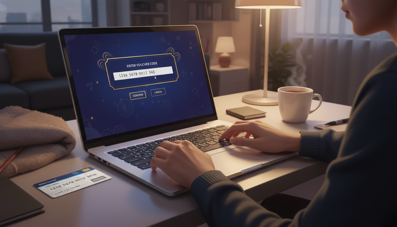 Ilustracja przedstawiająca proces wpłaty do kasyna online przy użyciu karty przedpłaconej na tle laptopa